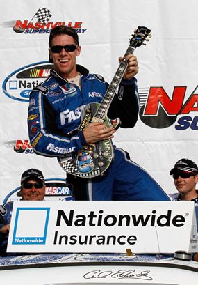 Carl Edwards celebrates his fourth NASCAR Nationwide Series victory and 11th top-10 finish in 12 races on Satuday at Nashville Superspeedway in Lebanon, Tenn. Credit: Jason Smith/Getty Images for NASCAR